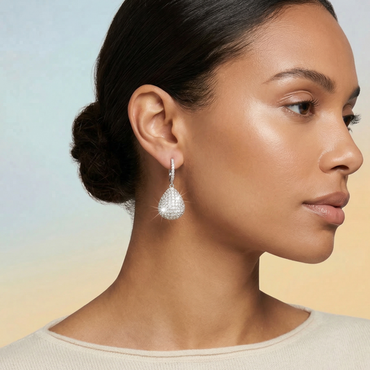 Clara – White Crystal Pear Drop Earrings in Silver